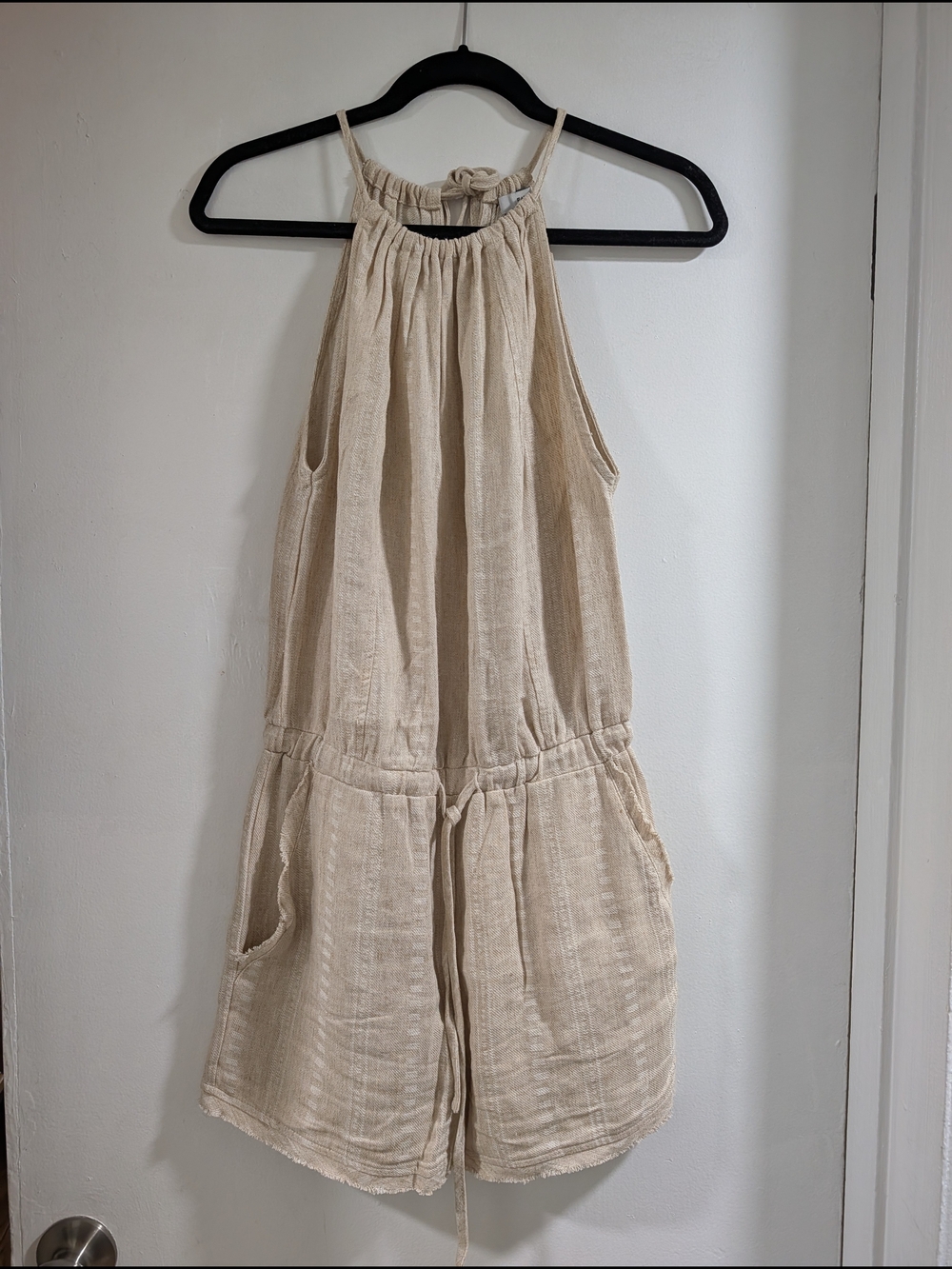 Fate Sleeveless Beige Linen Blend Romper with Drawstring Waist